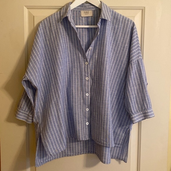 INAE Collection Linen Lagenlook Oversized Blue White Stripe Size XS - Picture 1 of 8